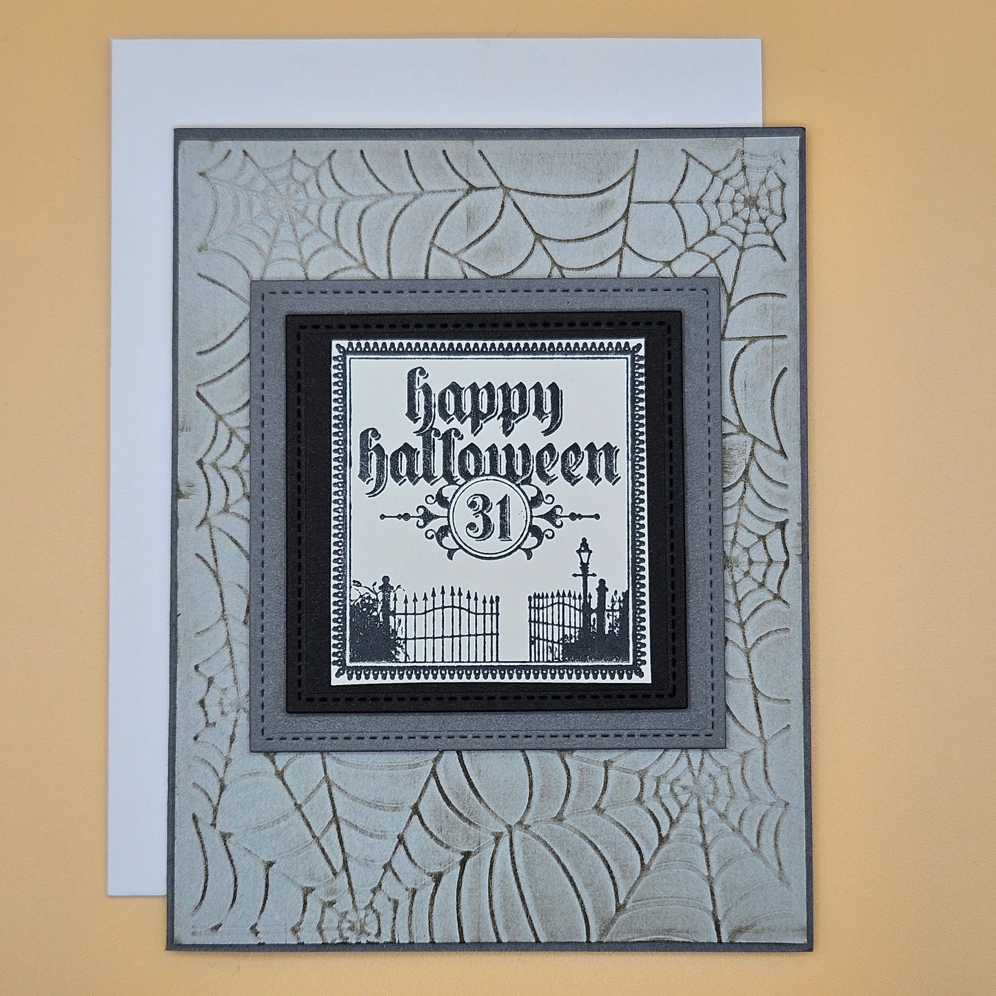 Handmade Halloween Card, Gothic Greeting Card, Embossed Spider Web, Layered Spooky Gate Design