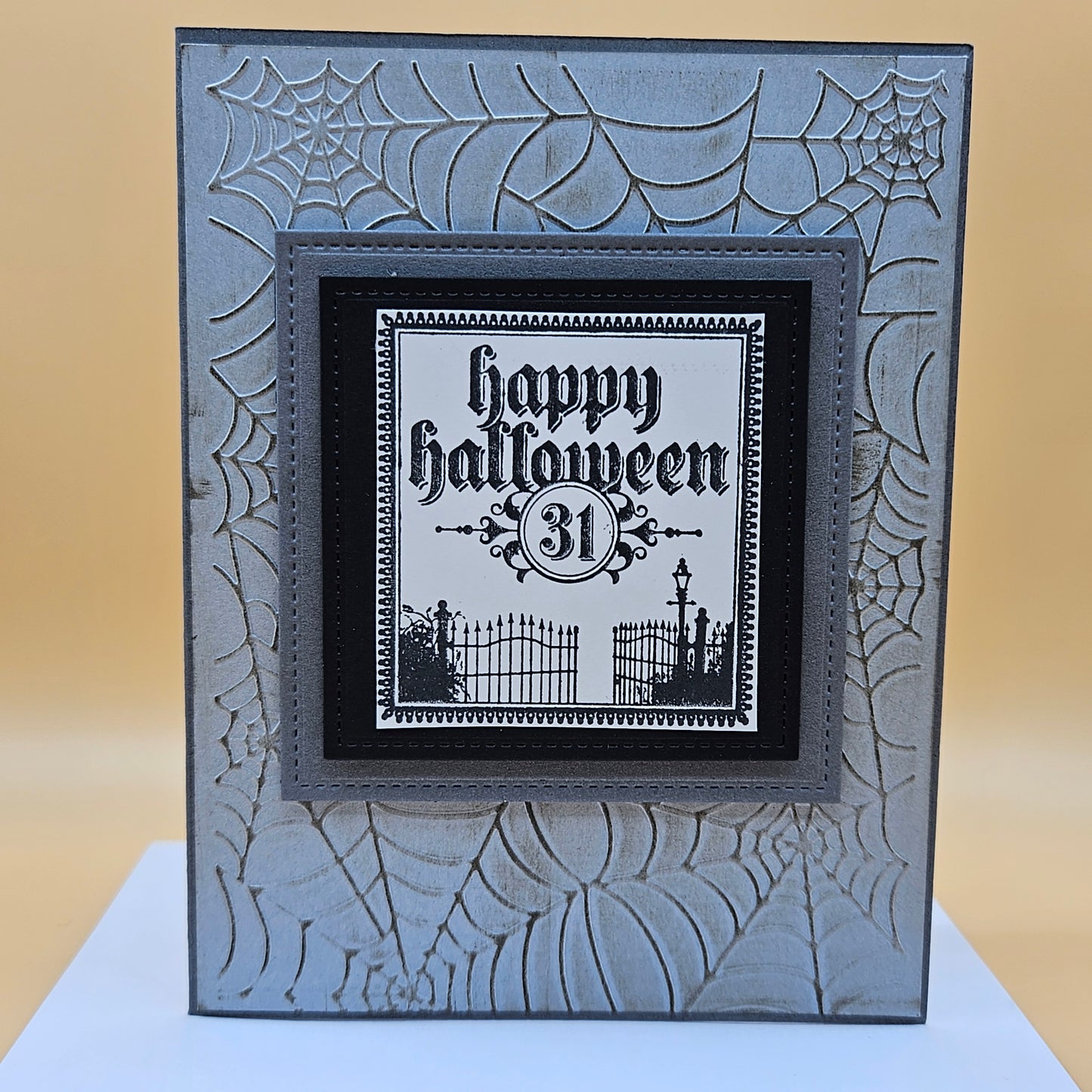 Handmade Halloween Card, Gothic Greeting Card, Embossed Spider Web, Layered Spooky Gate Design