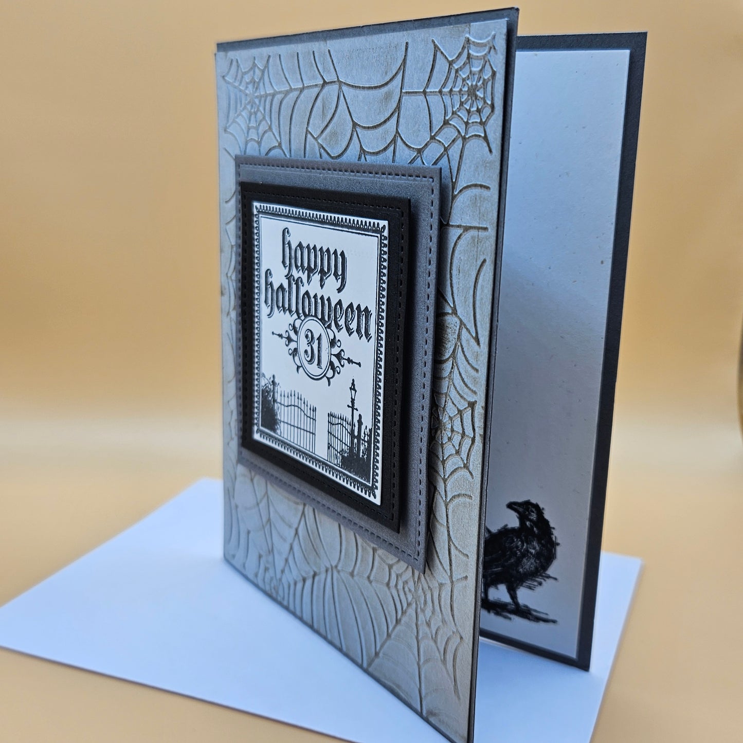 Handmade Halloween Card, Gothic Greeting Card, Embossed Spider Web, Layered Spooky Gate Design
