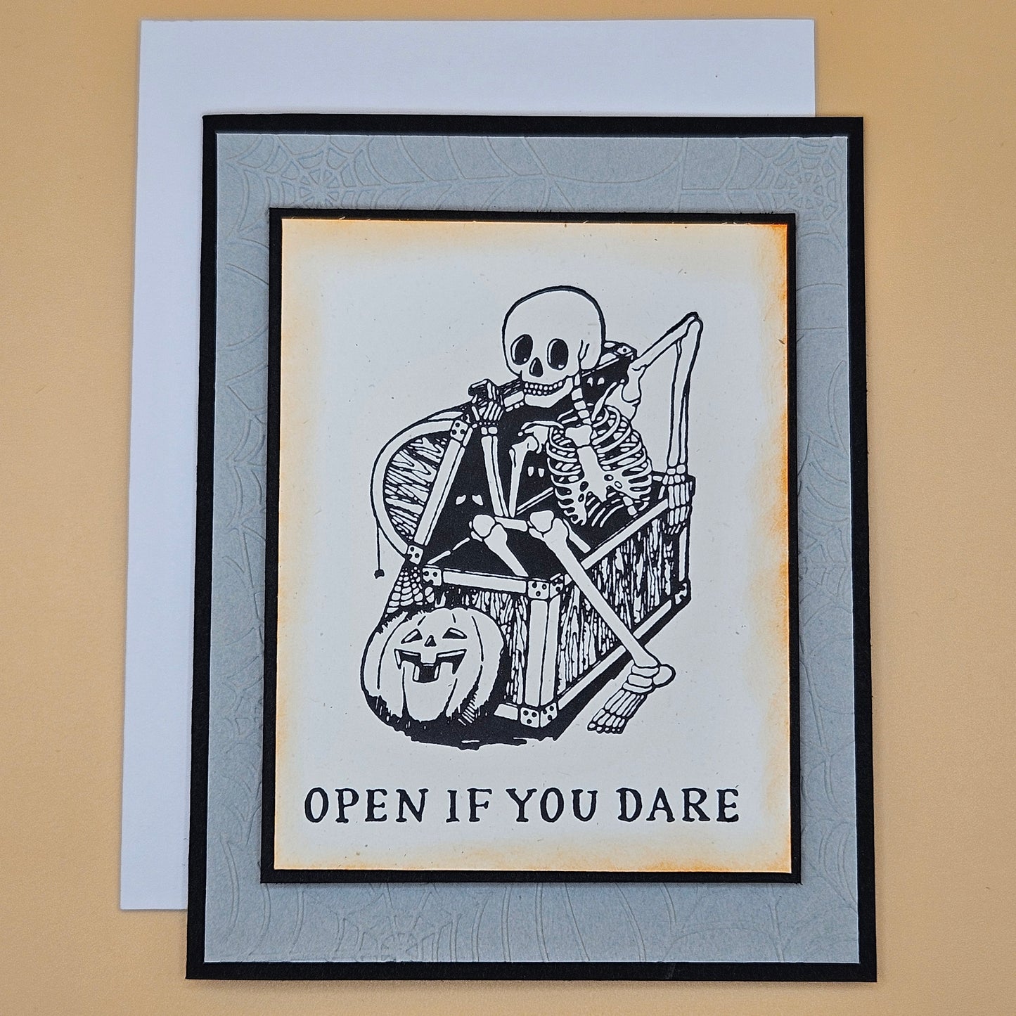 Halloween Card for Friends and Family, Handmade Spooky Greeting Card, Skeleton in Chest