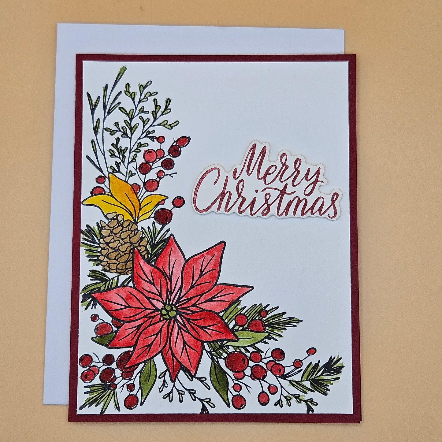 Handmade Christmas Card, Hand Colored Poinsettia & Pinecone Greeting Card