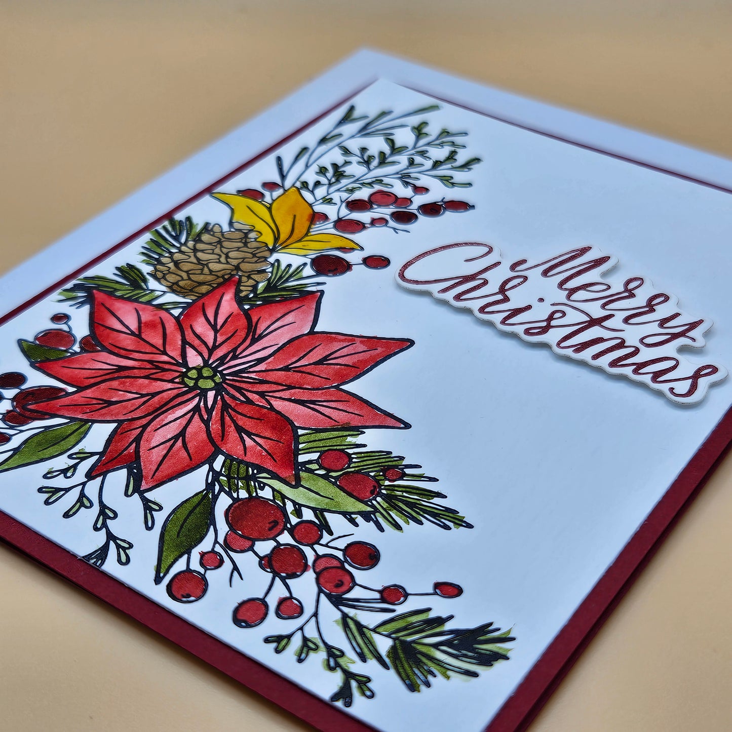 Handmade Christmas Card, Hand Colored Poinsettia & Pinecone Greeting Card