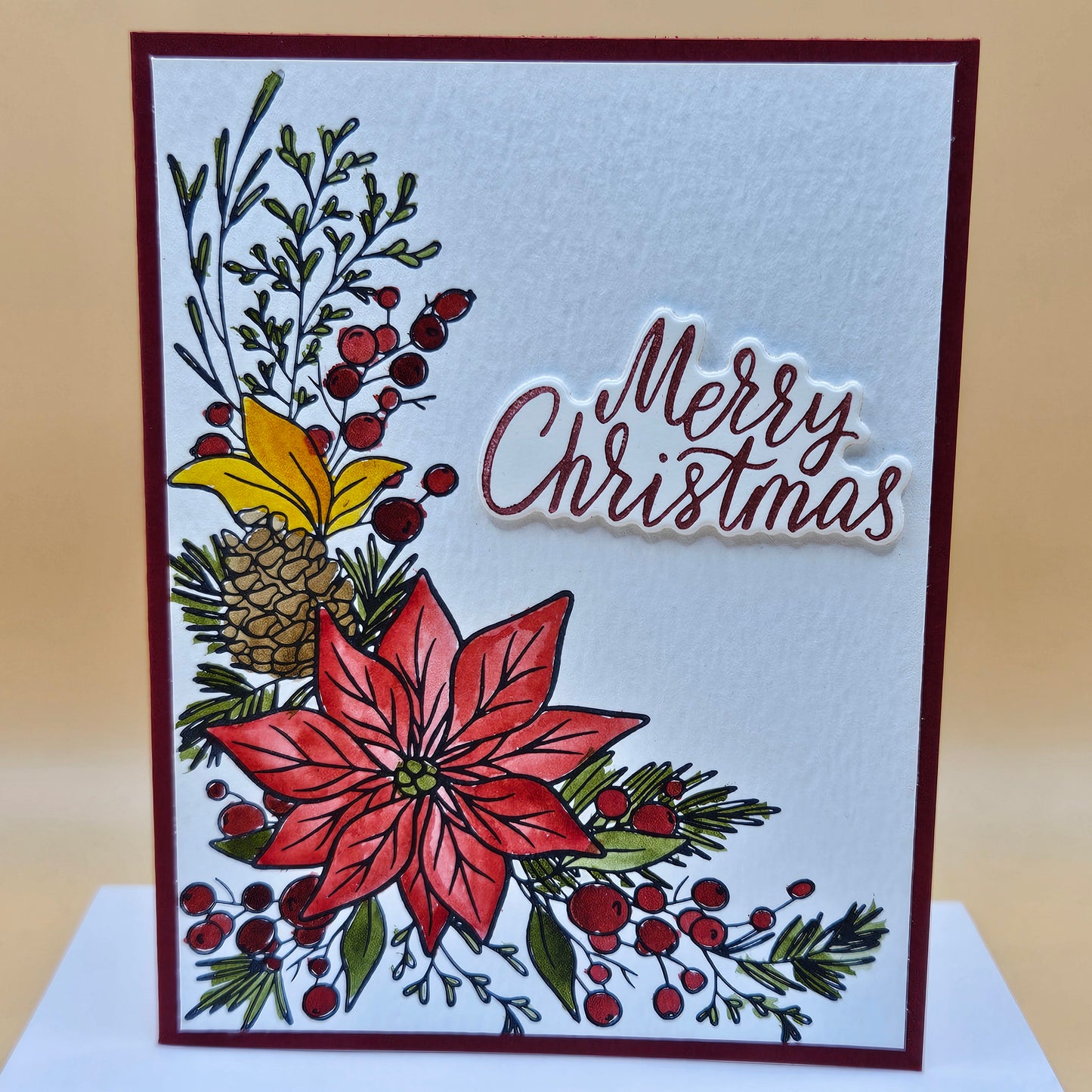 Handmade Christmas Card, Hand Colored Poinsettia & Pinecone Greeting Card