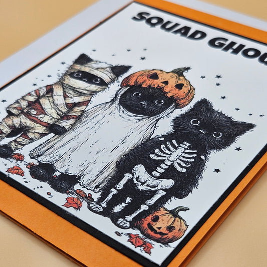 Handmade Halloween Card, Funny Greeting Card with Inside Message, Squad Ghouls Cats Tiddly Pom Cards