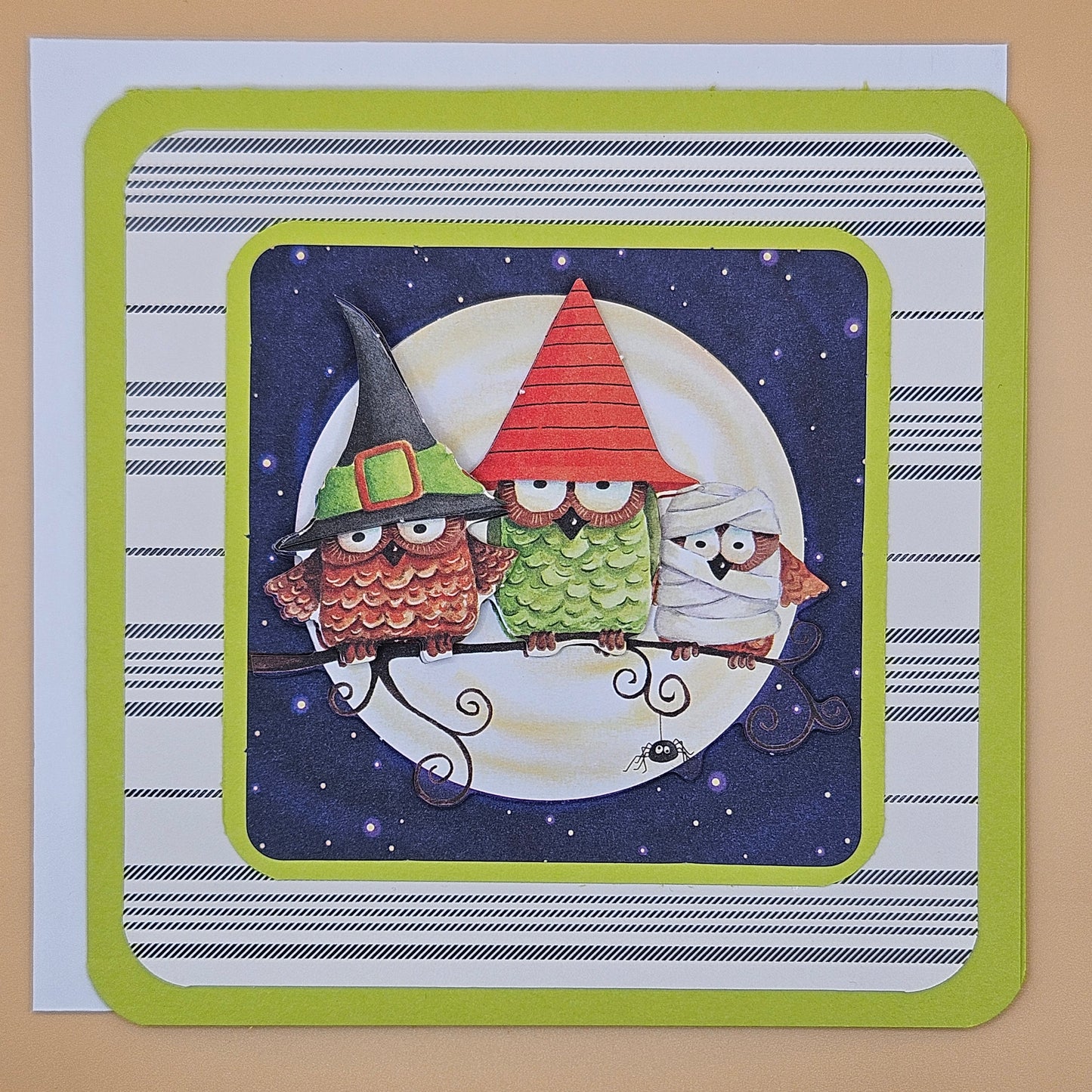 Handmade Halloween Card Set, 5-Pack Square Cards with 3D Decoupage, Cute Owls, Cats & Pumpkins, Unique Fall Greeting Bundle