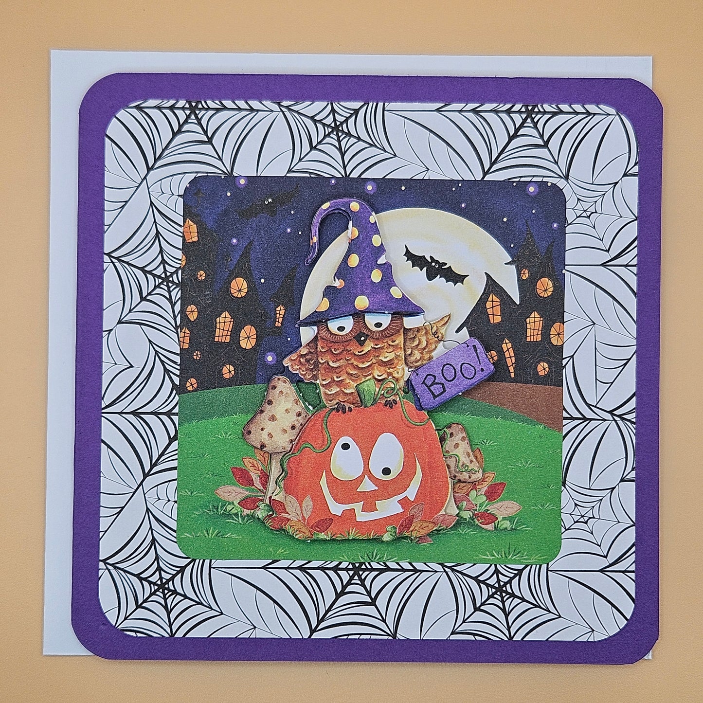 Handmade Halloween Card Set, 5-Pack Square Cards with 3D Decoupage, Cute Owls, Cats & Pumpkins, Unique Fall Greeting Bundle