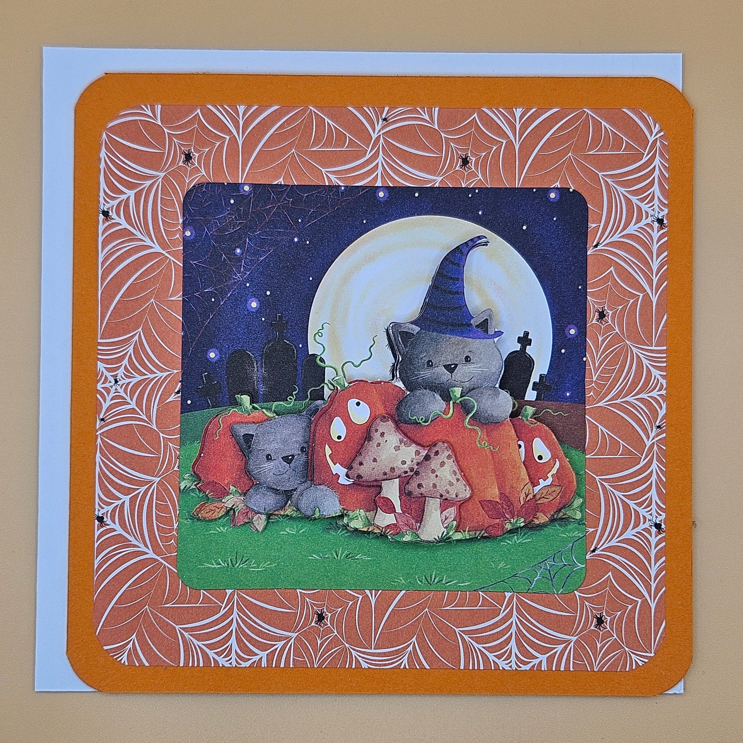 Handmade Halloween Card Set, 5-Pack Square Cards with 3D Decoupage, Cute Owls, Cats & Pumpkins, Unique Fall Greeting Bundle