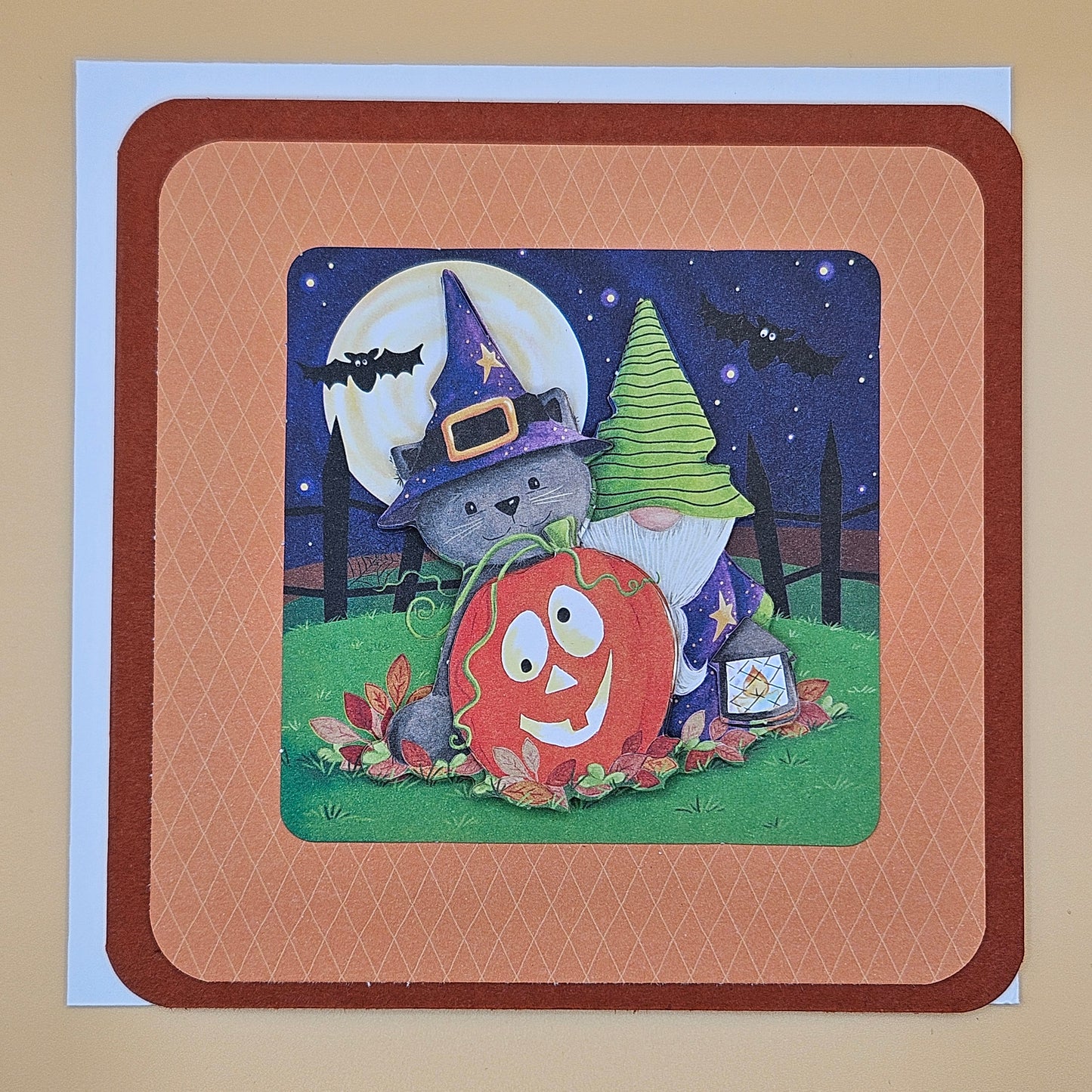 Handmade Halloween Card Set, 5-Pack Square Cards with 3D Decoupage, Cute Owls, Cats & Pumpkins, Unique Fall Greeting Bundle