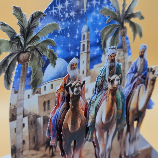 Handmade Pop-Up Christmas Card, 3D Decoupage Season’s Greetings with Three Wise Men Tiddly Pom Cards