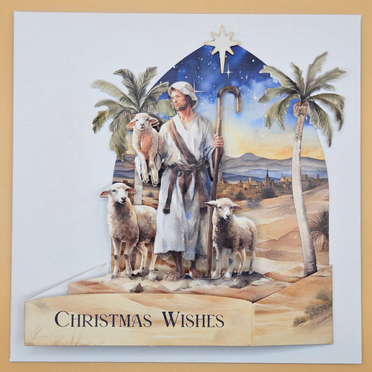 Handmade Pop-Up Christmas Card, 3D Decoupage Shepherd & Star Nativity Scene Tiddly Pom Cards