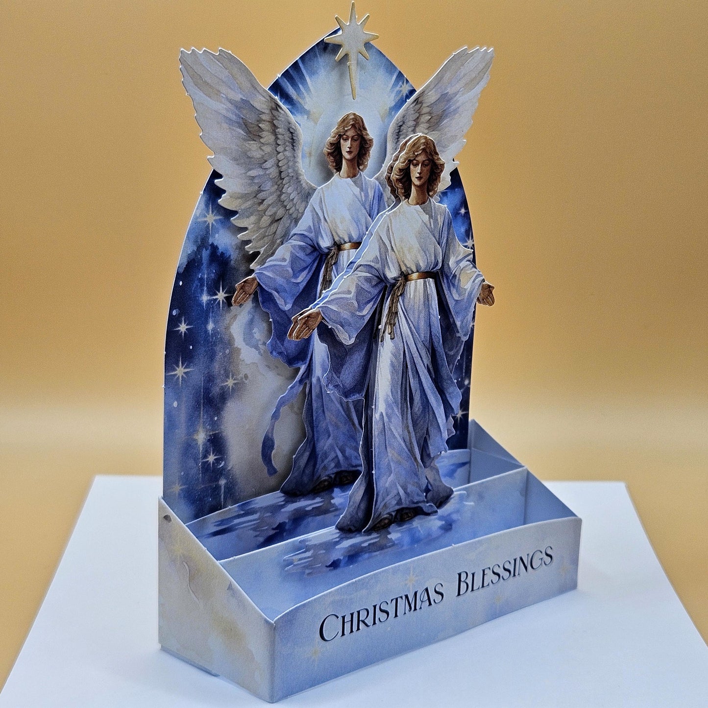 Handmade Pop-Up Christmas Card, 3D Decoupage “Christmas Blessings” Angel Nativity Scene