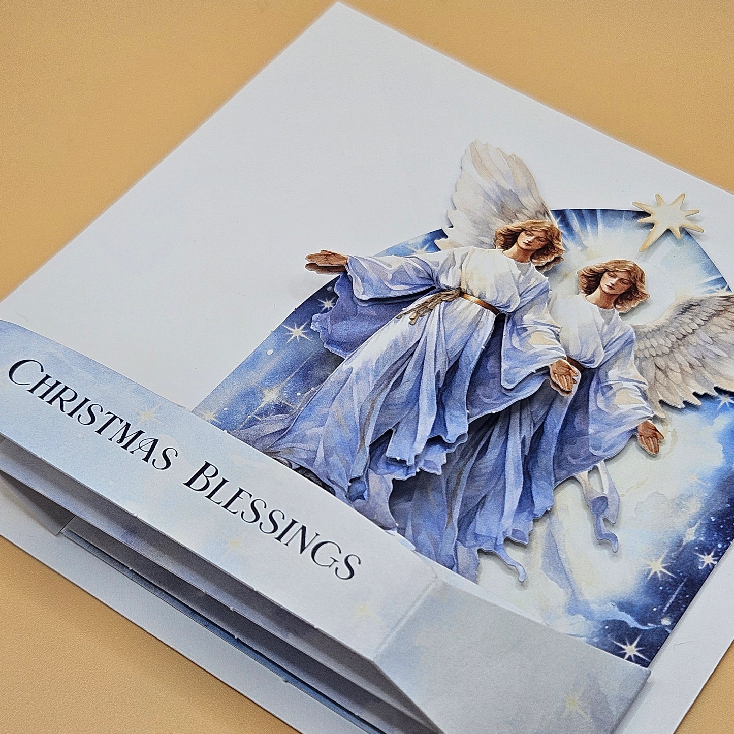 Handmade Pop-Up Christmas Card, 3D Decoupage “Christmas Blessings” Angel Nativity Scene