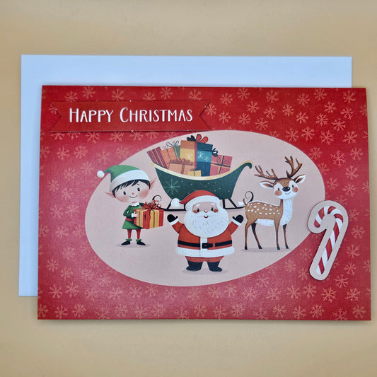 Handmade Pop-Up Christmas Card, Santa's Workshop with Elves and Reindeer Tiddly Pom Cards