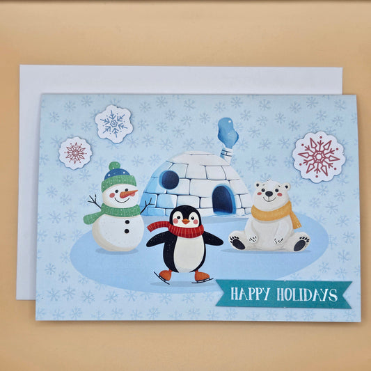 Handmade Pop-Up Christmas Card, Happy Holidays Igloo Scene Tiddly Pom Cards