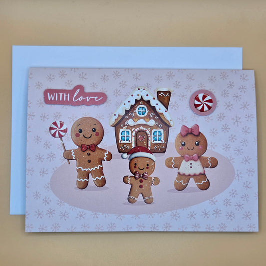 Handmade Pop-Up Christmas Card, Season’s Greetings, Gingerbread House & Family Tiddly Pom Cards