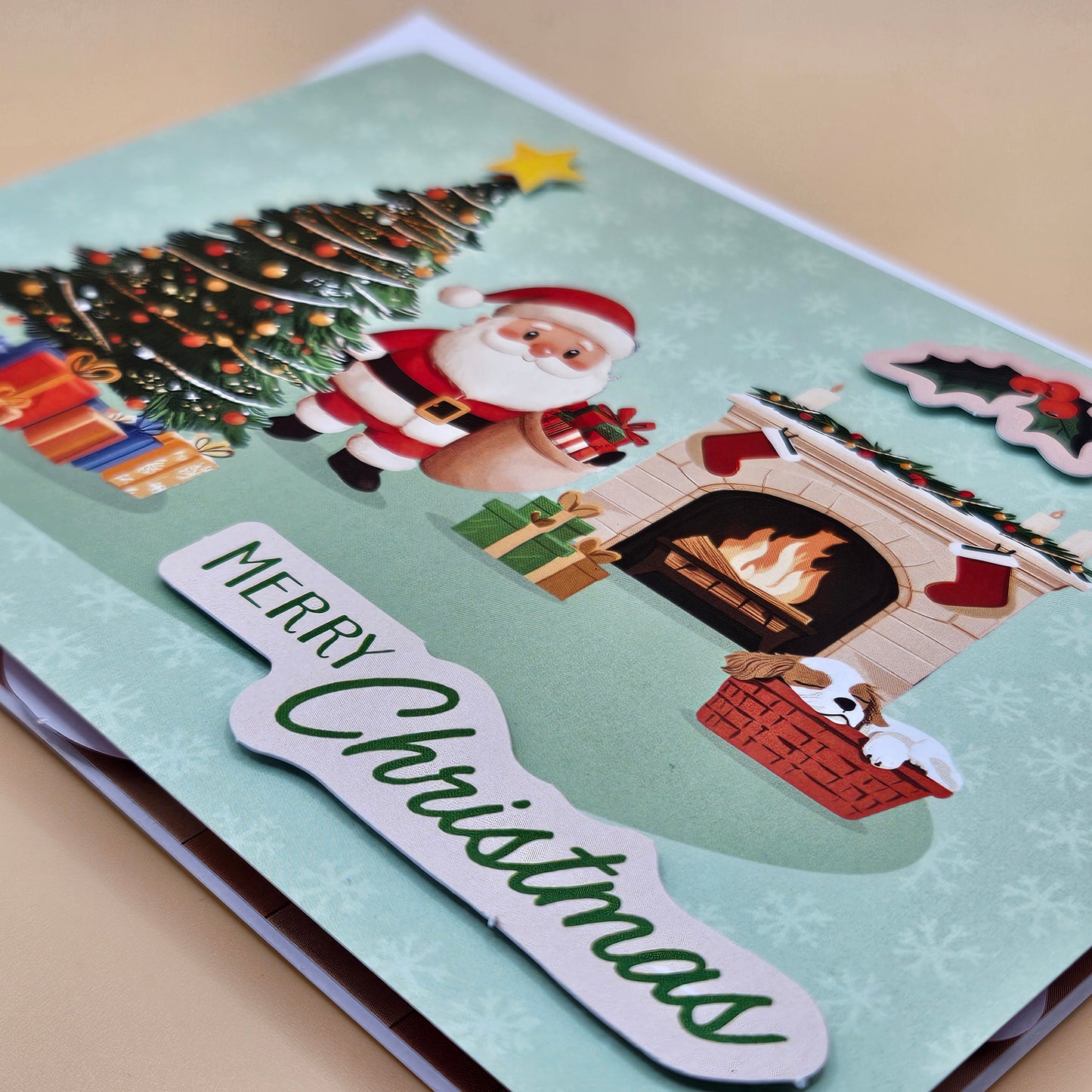 Handmade Pop-Up Christmas Card, Santa & Fireplace Holiday Greeting