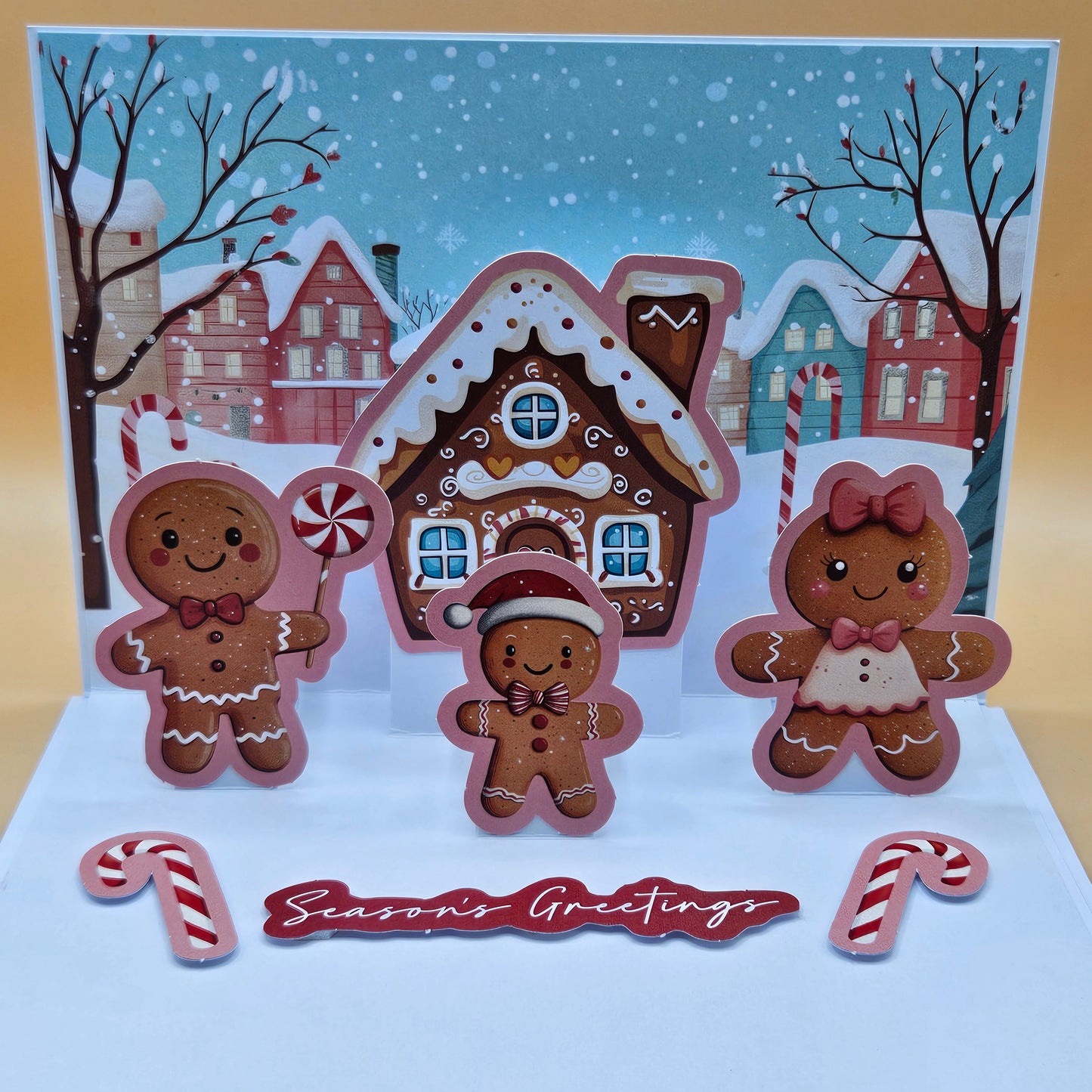 Handmade Pop-Up Christmas Card, Season’s Greetings, Gingerbread House & Family