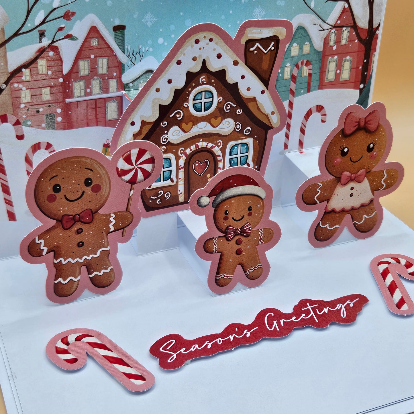 Handmade Pop-Up Christmas Card, Season’s Greetings, Gingerbread House & Family