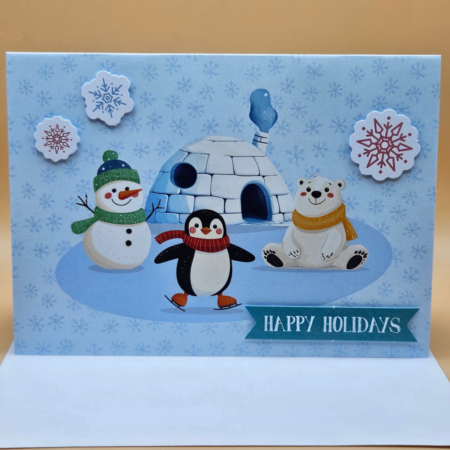 Handmade Pop-Up Christmas Card, Happy Holidays Igloo Scene Tiddly Pom Cards