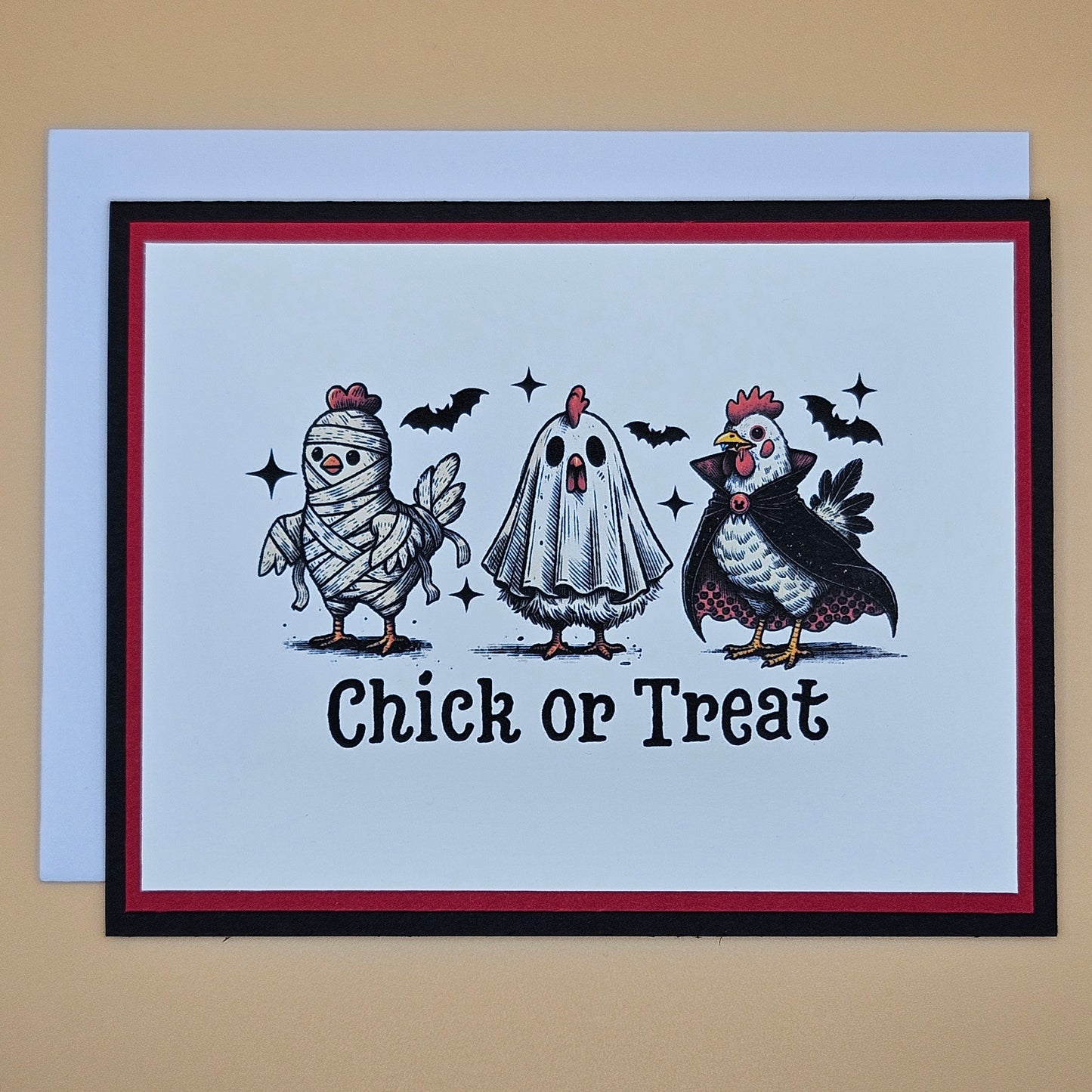 Handmade Halloween Card, Funny Chicken Greeting Card, “Chick or Treat”