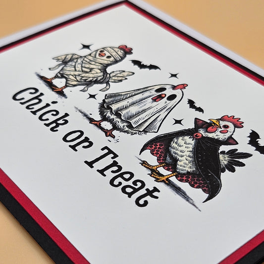Handmade Halloween Card, Funny Chicken Greeting Card, “Chick or Treat” Tiddly Pom Cards