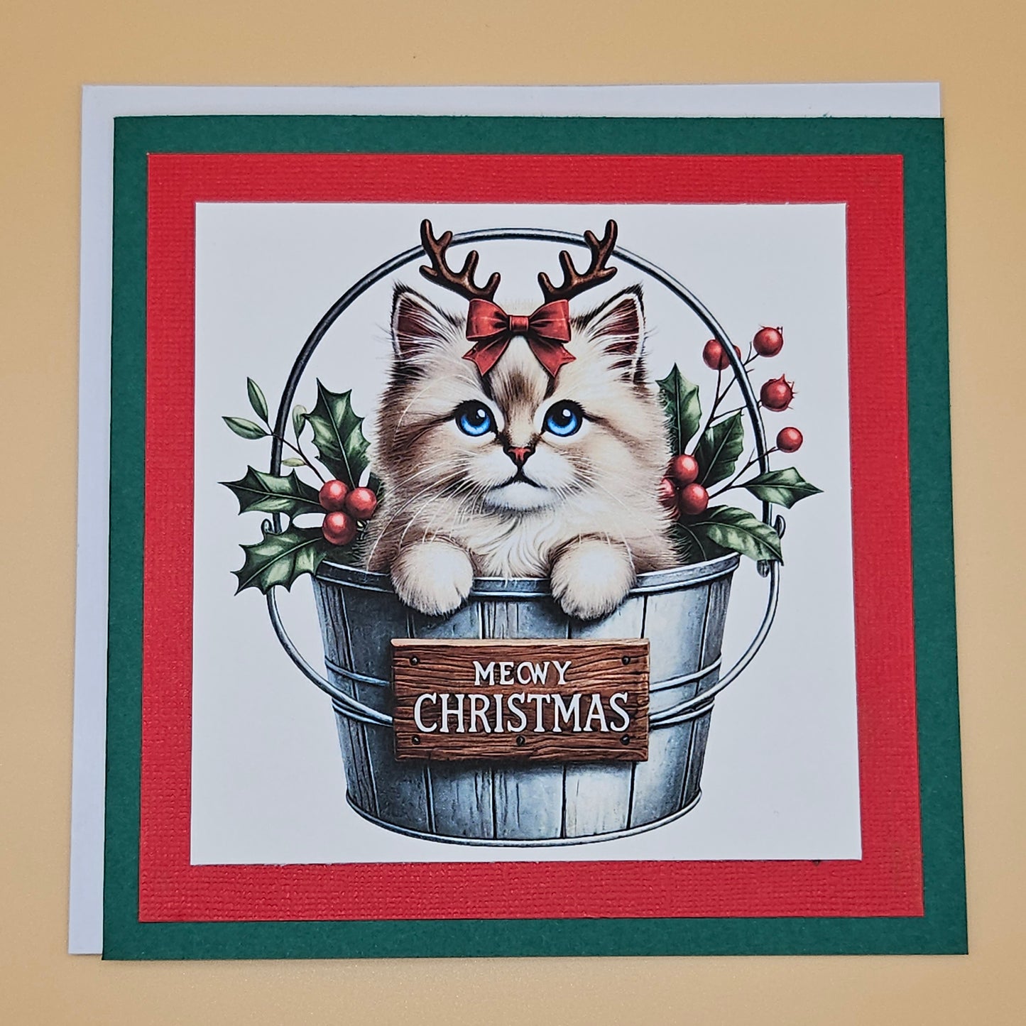 Handmade Christmas Card, Holiday Greeting Card for Cat Lovers, Meowy Christmas Kitten in Silver Bucket