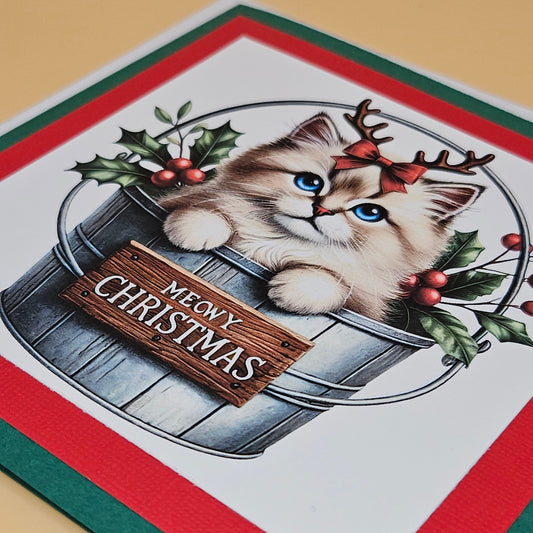 Handmade Christmas Card, Holiday Greeting Card for Cat Lovers, Meowy Christmas Kitten in Silver Bucket Tiddly Pom Cards