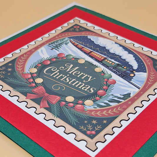 Handmade Christmas Card, Holiday Train Greeting Card, Vintage Stamp Design Tiddly Pom Cards