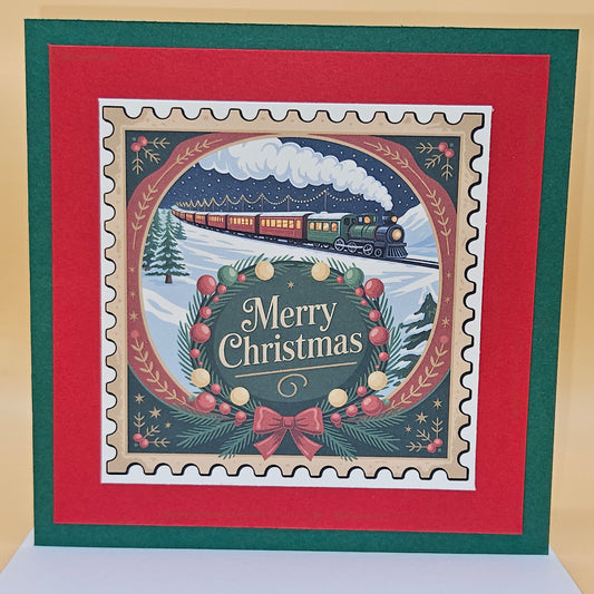Handmade Christmas Card Bundle, Vintage Stamp Holiday Greeting Cards set of 4, Classic Train, Gingerbread, Tree & Village Designs