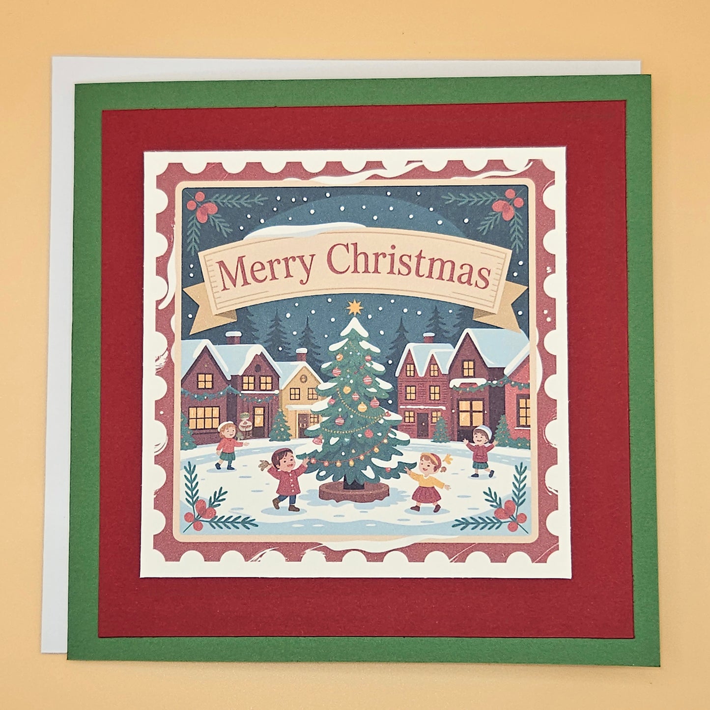 Handmade Christmas Card, Vintage Stamp Holiday Greeting Card, Village Tree