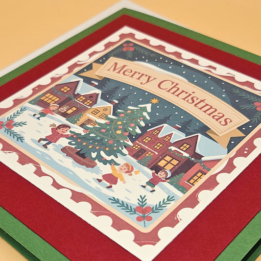 Handmade Christmas Card, Vintage Stamp Holiday Greeting Card, Village Tree Tiddly Pom Cards