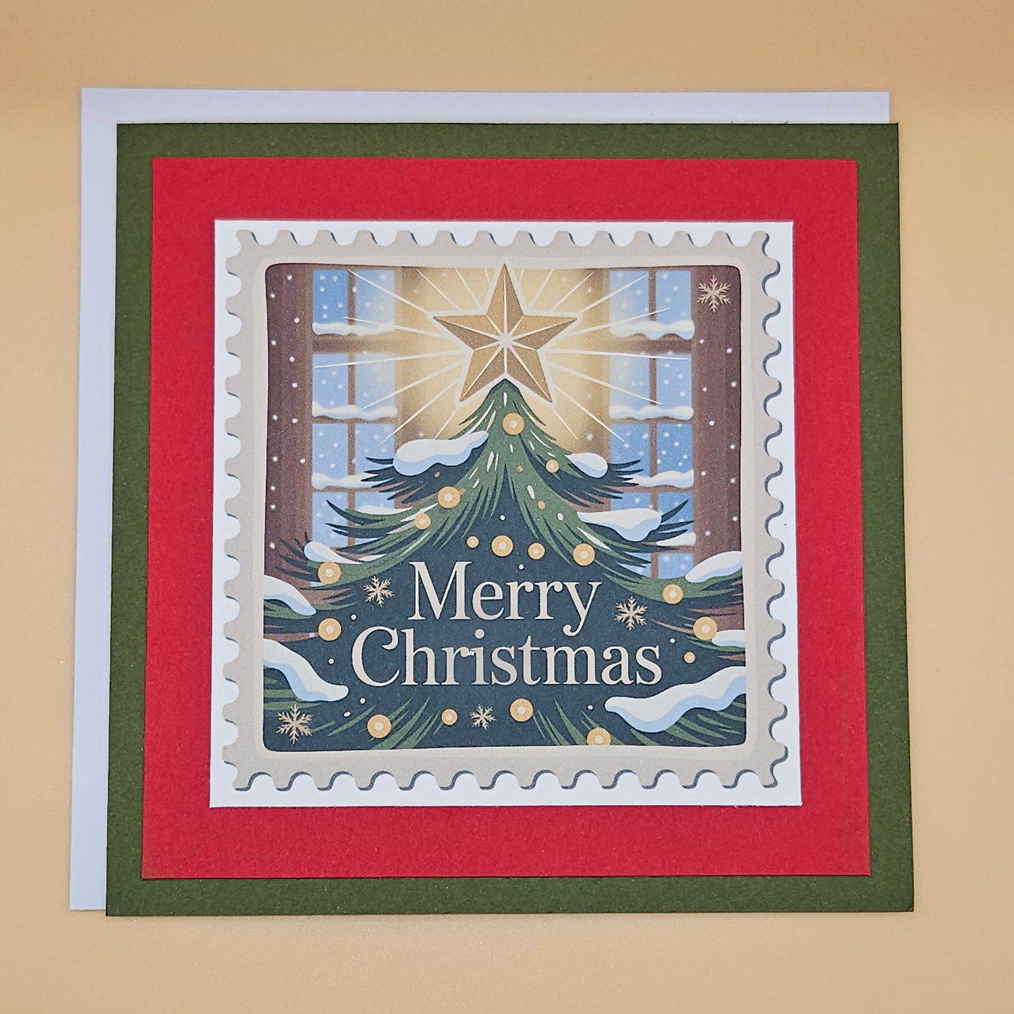 Handmade Christmas Card, Vintage Stamp Holiday Greeting Card, Star Tree