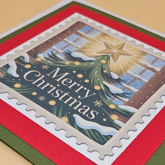 Handmade Christmas Card, Vintage Stamp Holiday Greeting Card, Star Tree