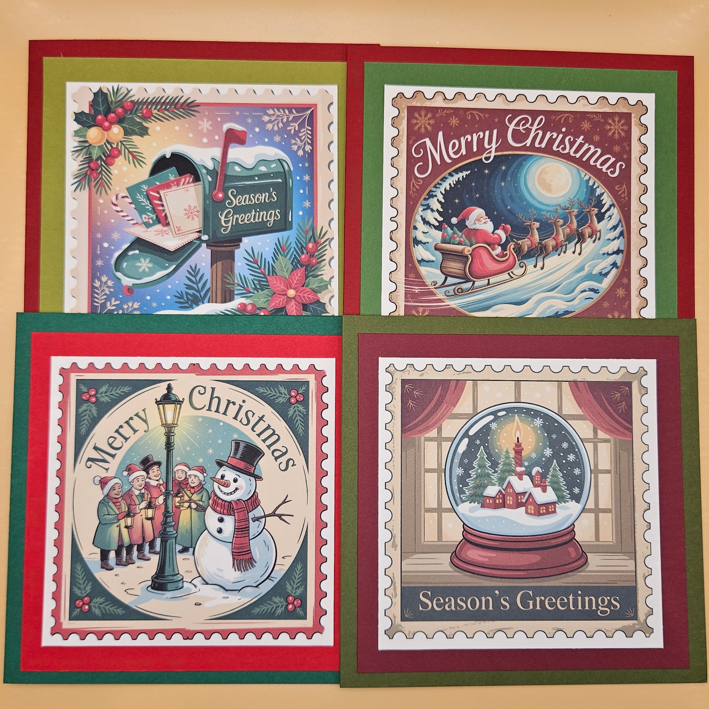 Handmade Christmas Card Bundle, Vintage Stamp Holiday Greeting Cards set of 4, Santa Sleigh, Snow Globe, Snowman & Mailbox Designs