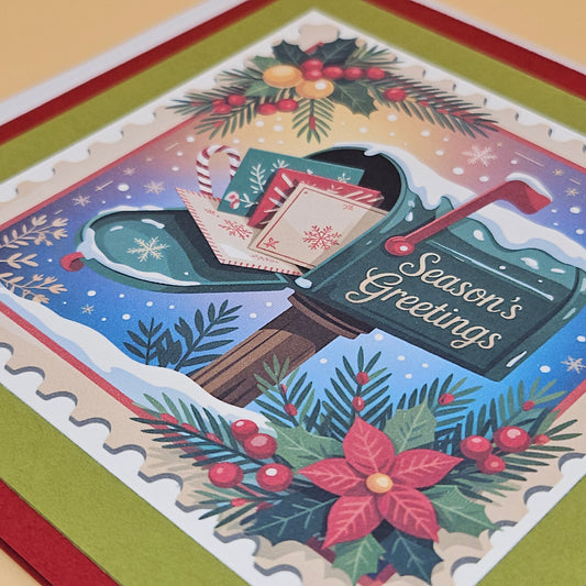 Handmade Christmas Card, Vintage Stamp Holiday Greeting Card, Seasons Greetings Mailbox Tiddly Pom Cards