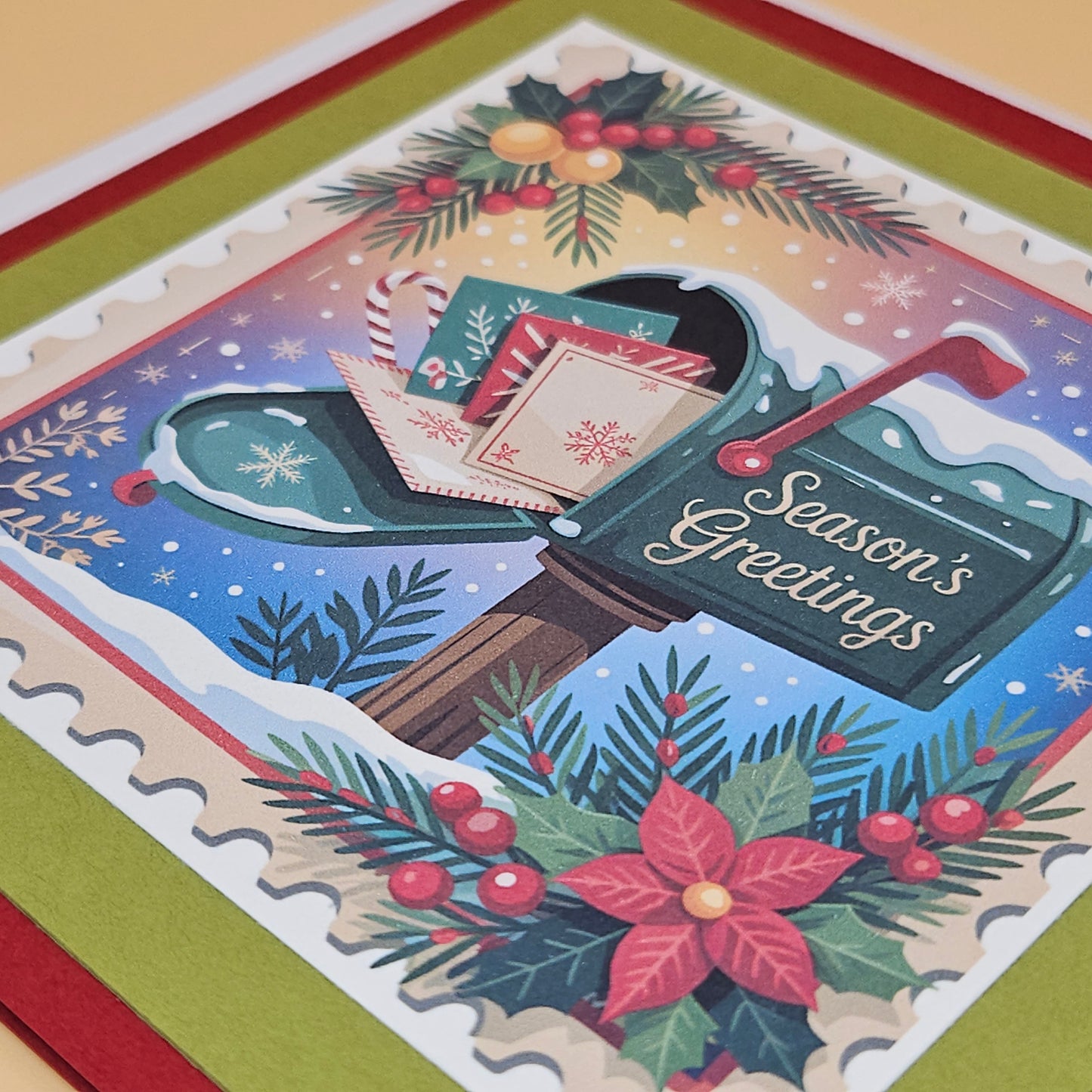 Handmade Christmas Card Bundle, Vintage Stamp Holiday Greeting Cards set of 4, Santa Sleigh, Snow Globe, Snowman & Mailbox Designs