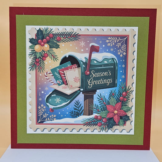 Handmade Christmas Card Bundle, Vintage Stamp Holiday Greeting Cards set of 4, Santa Sleigh, Snow Globe, Snowman & Mailbox Designs