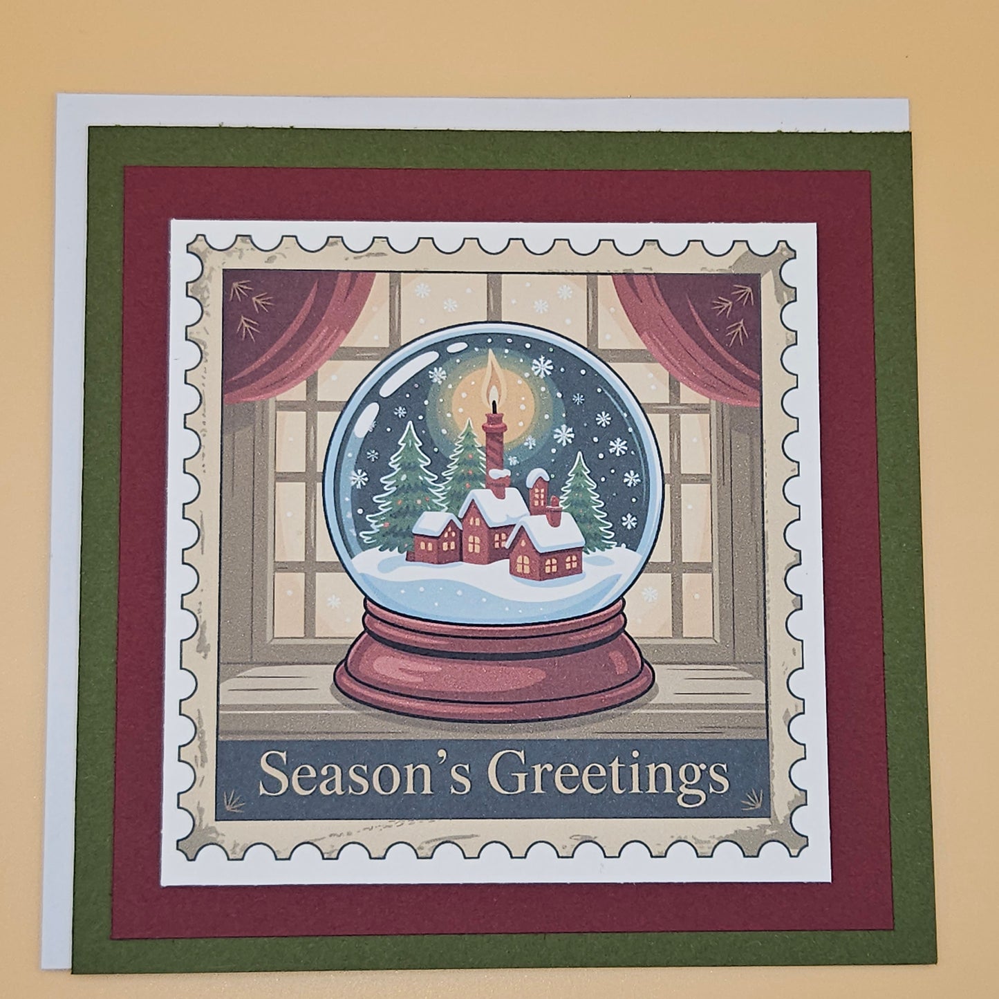 Handmade Christmas Card, Vintage Stamp Holiday Greeting Card, Snow Globe