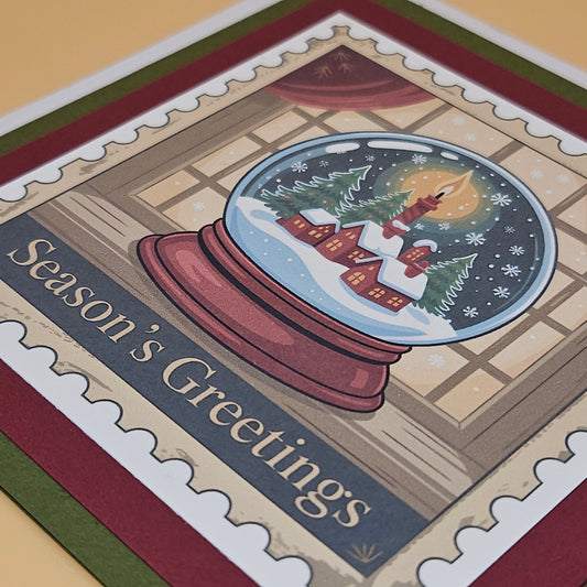 Handmade Christmas Card, Vintage Stamp Holiday Greeting Card, Snow Globe