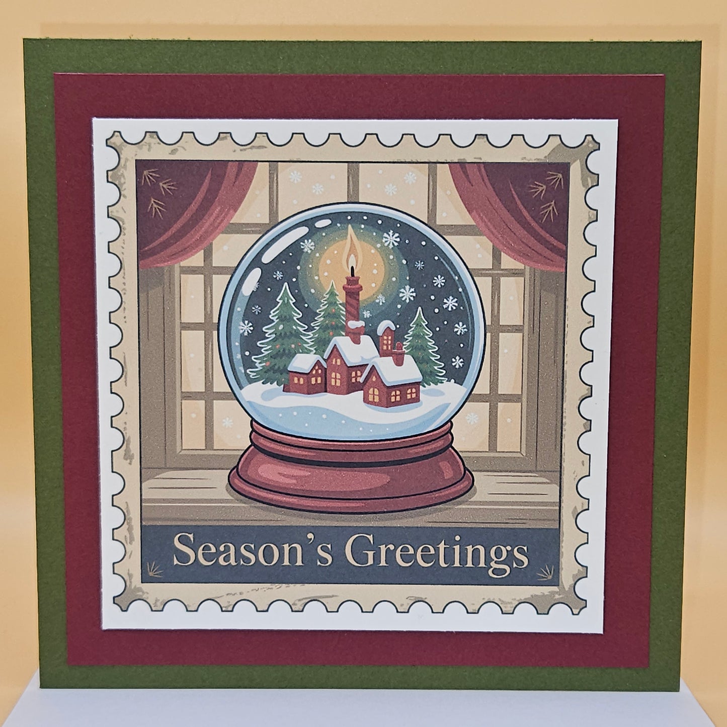 Handmade Christmas Card Bundle, Vintage Stamp Holiday Greeting Cards set of 4, Santa Sleigh, Snow Globe, Snowman & Mailbox Designs