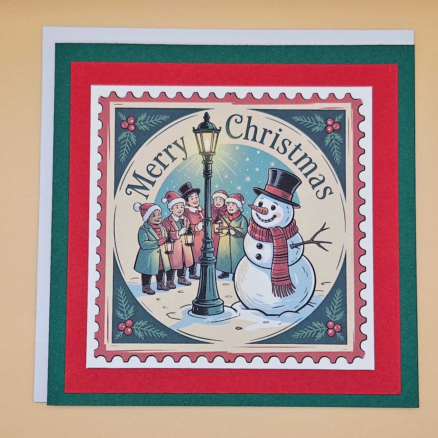 Handmade Christmas Card, Vintage Stamp Holiday Greeting Card, Snowman Carolers