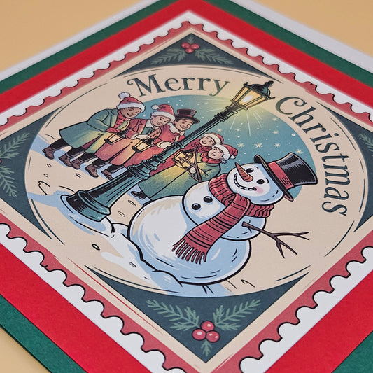Handmade Christmas Card, Vintage Stamp Holiday Greeting Card, Snowman Carolers Tiddly Pom Cards