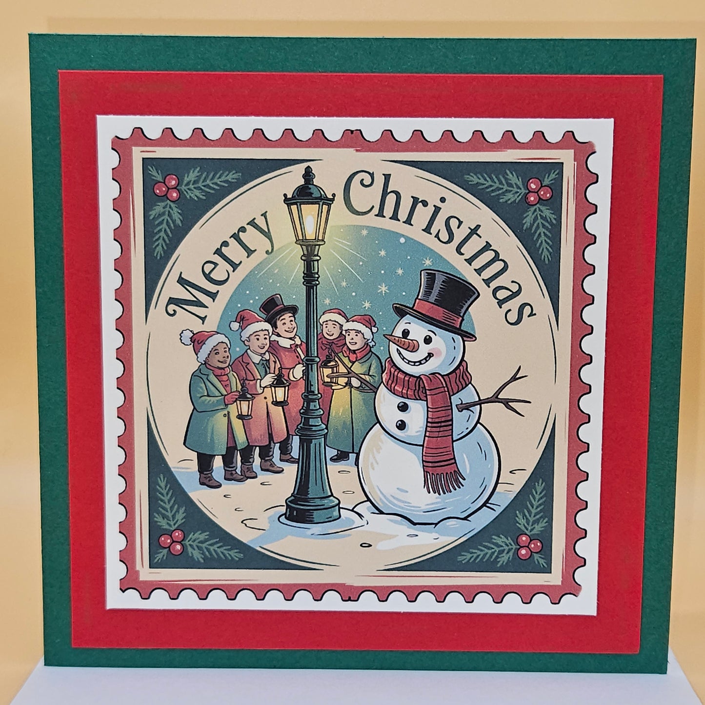 Handmade Christmas Card Bundle, Vintage Stamp Holiday Greeting Cards set of 4, Santa Sleigh, Snow Globe, Snowman & Mailbox Designs