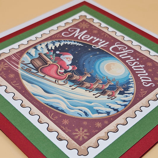 Handmade Christmas Card, Vintage Stamp Holiday Greeting Card, Santa Sleigh Tiddly Pom Cards