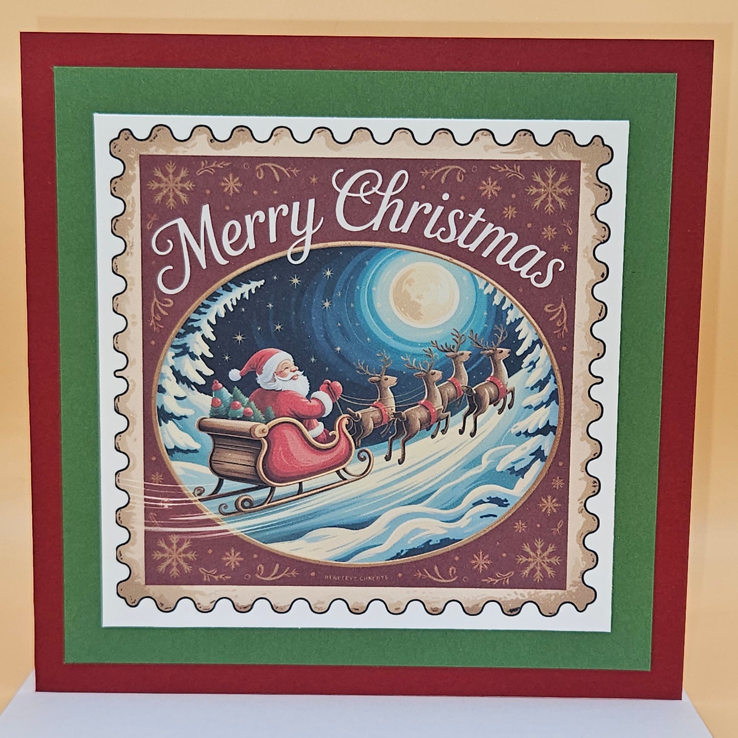Handmade Christmas Card Bundle, Vintage Stamp Holiday Greeting Cards set of 4, Santa Sleigh, Snow Globe, Snowman & Mailbox Designs