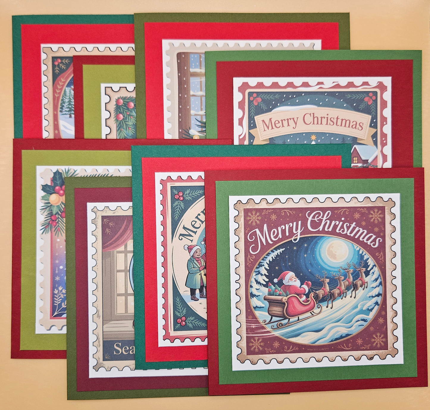 Handmade Christmas Card Bundle, Vintage Stamp Holiday Greeting Cards set of 8, Nostalgic Tiddly Pom Cards