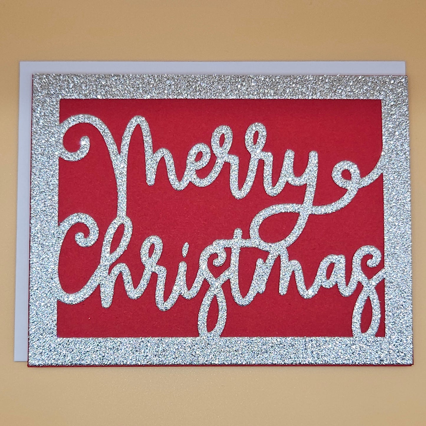 Handmade Merry Christmas Card, Silver Glitter Holiday Greeting Card
