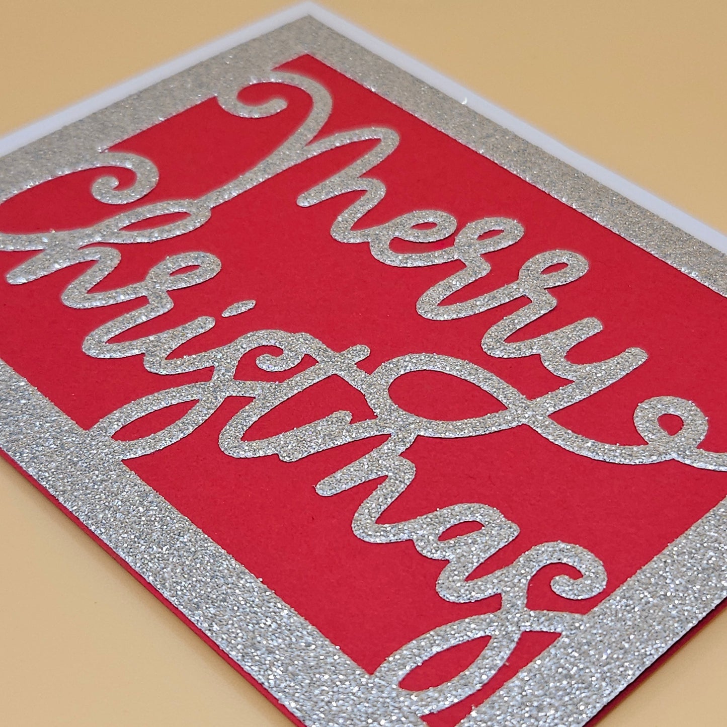 Handmade Merry Christmas Card, Silver Glitter Holiday Greeting Card Tiddly Pom Cards