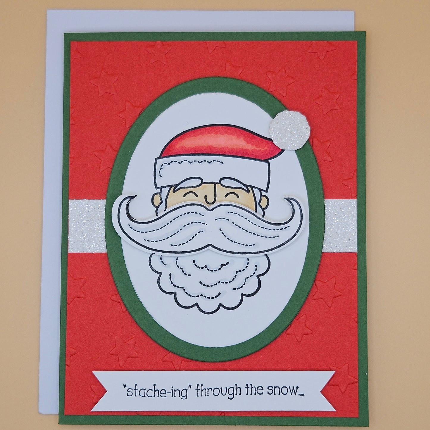 Handmade Funny Christmas Card, Santa Mustache Holiday Pun Greeting Card, “Stache-ing Through the Snow”