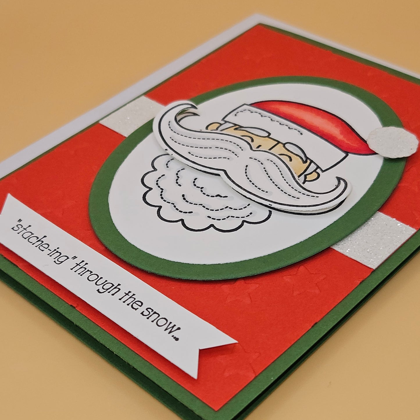 Handmade Funny Christmas Card, Santa Mustache Holiday Pun Greeting Card, “Stache-ing Through the Snow”